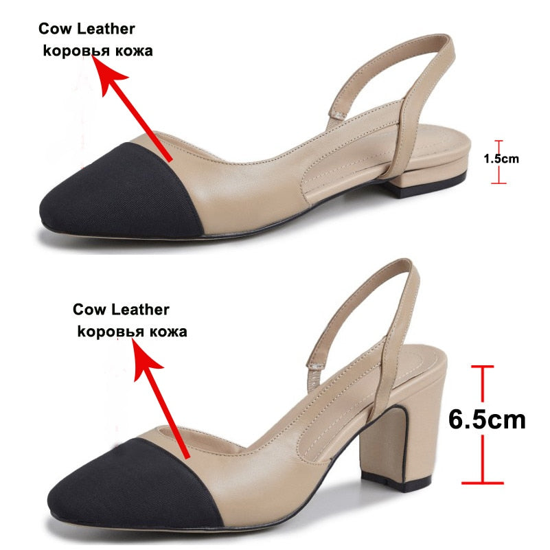 Ddbos Low Heels Real Leather Slingbacks Shoes Women Square Toe Pumps Thick Heel Shoes Brand Design Lady Footwear Size 40