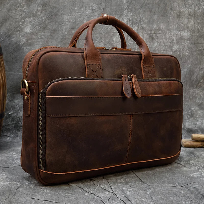 Ddbos Crazy Horse Genuine Leather Men Briefcase Vintage 16 inch Big Business Laptop Handbag Large Cowhide Messenger Shoulder Bag Man