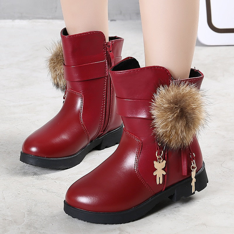 Ddbos New Winter Girls Boots Real Fur Ball PU Leather Kids Snow Boots Warm Plush Sneakers Children Shoes