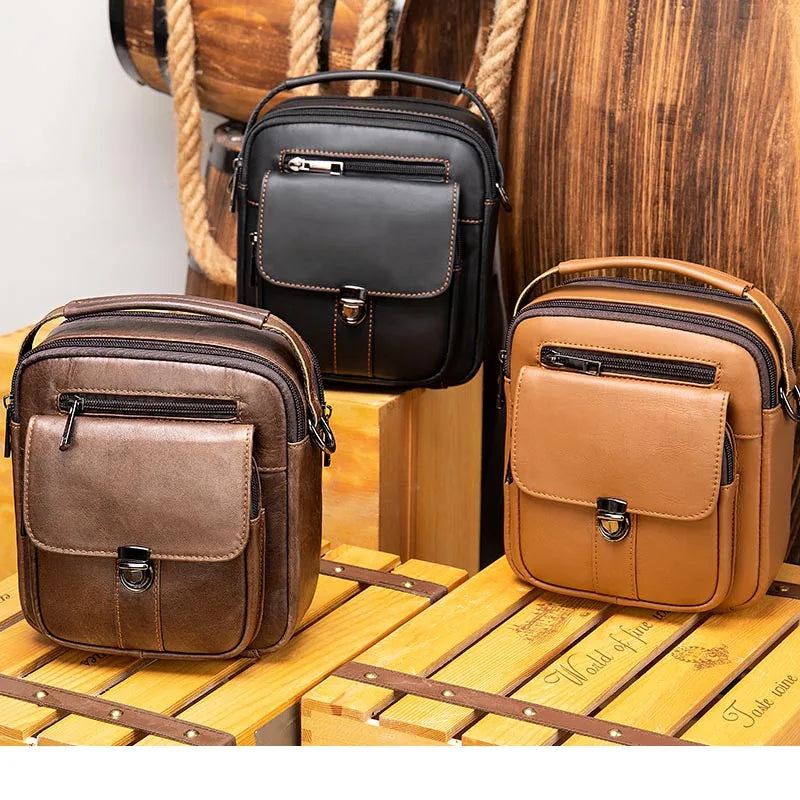 Ddbos Genuine Leather Men's Shoulder Bag Vintage Cowhide Double Zipper Pockets Multifunctional Messenger Bag Male Mini Handbag