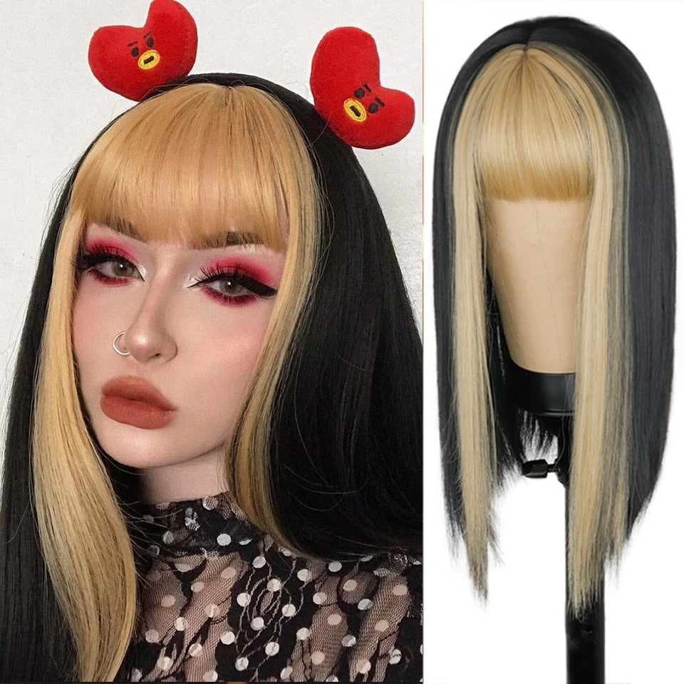 Ddbos Synthetic Wig Short Straight With Bangs Pink Black Purple Blond White Wig Female Short Bob Halloween Christmas Party Cosplay Wig