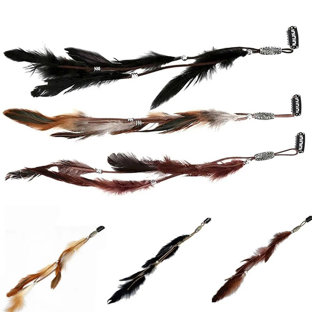 Ddbos New Fashionable Boho Feather Headband Wig Beaded Feather Headdress Handmade Hair Clip Girl Hair Accessories High Quality