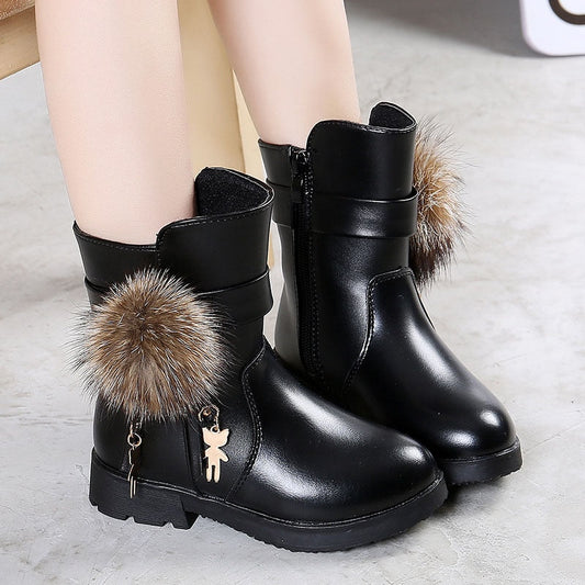 Winter Girls Boots Real Fur Ball PU Leather Kids Snow Boots Warm Plush Sneakers Children Shoes