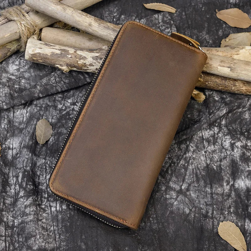 Ddbos Men's Crazy Horse Leather Long Wallet Zip Around Genuine Leather Wallet Phone Case Purse with Coin Pocket 4 Interlayer Pocket