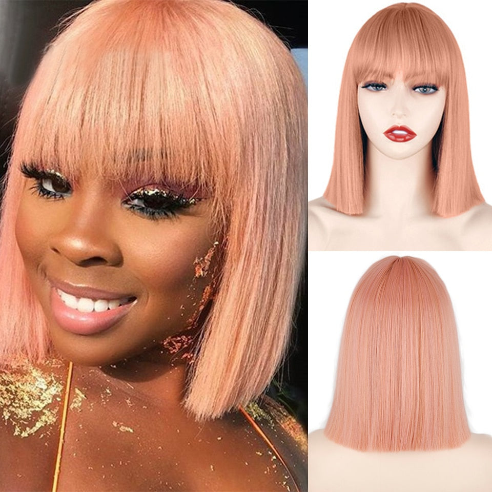 Ddbos Synthetic Wig Short Straight With Bangs Pink Black Purple Blond White Wig Female Short Bob Halloween Christmas Party Cosplay Wig