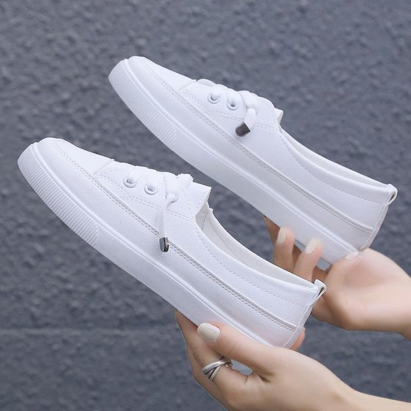 Ddbos Low Platform Sneakers Women Shoes Female Pu Leather Walking Sneakers Loafers White Flat Slip On Vulcanize Casual Shoes