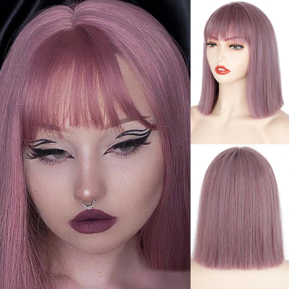 Ddbos Synthetic Wig Short Straight With Bangs Pink Black Purple Blond White Wig Female Short Bob Halloween Christmas Party Cosplay Wig