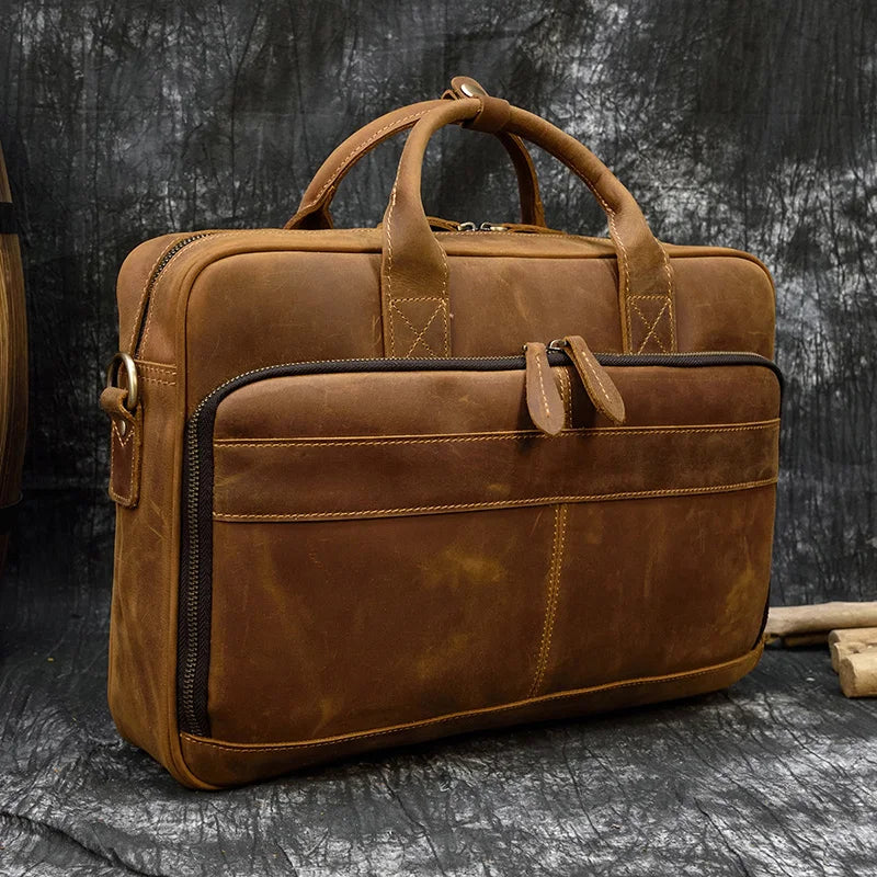 Ddbos Crazy Horse Genuine Leather Men Briefcase Vintage 16 inch Big Business Laptop Handbag Large Cowhide Messenger Shoulder Bag Man