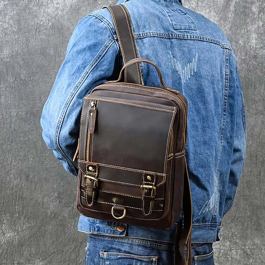 Ddbos Crazy Horse Leather Mens Chest Bag Single Shoulder Backpack 2 Use Vintage Cow Leather Male Travel Backpack Daypack Brown