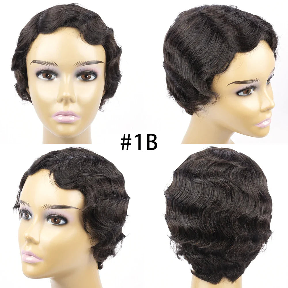 Ddbos Brazilian Short Pixie Cut Wig Human Hair Wigs Really Cute Finger Waves Hairstyles for Black Women Full Machine Made Wigs