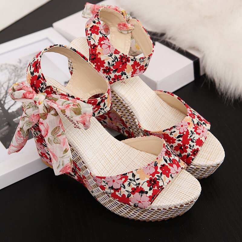 Ddbos Summer Beach Boho Floral Wedge Sandals Women Ankle Strap Platform Gladiator Shoes Woman High Heels Sandalias Mujer