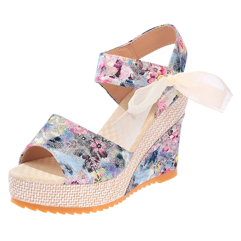 Ddbos Summer Beach Boho Floral Wedge Sandals Women Ankle Strap Platform Gladiator Shoes Woman High Heels Sandalias Mujer