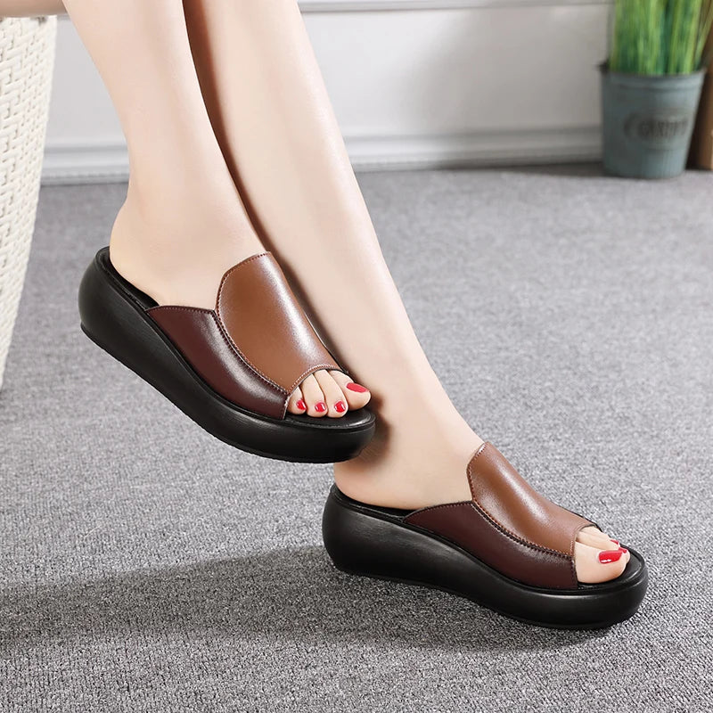 Ddbos Woman Platform Flip Flops New Summer Women Genuine Leather Slipper High Heel Shoes Women Slippers