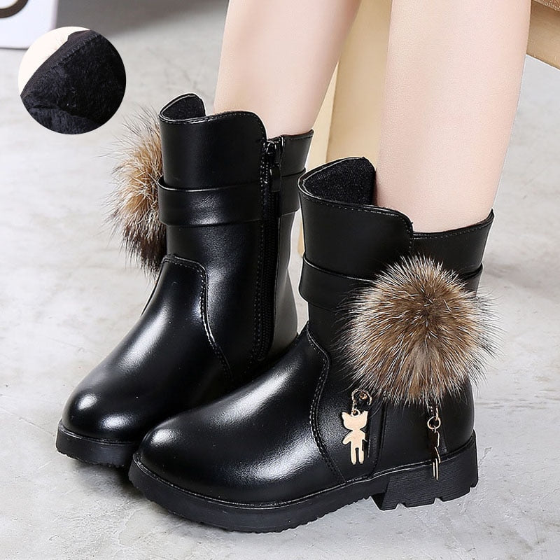 Ddbos New Winter Girls Boots Real Fur Ball PU Leather Kids Snow Boots Warm Plush Sneakers Children Shoes