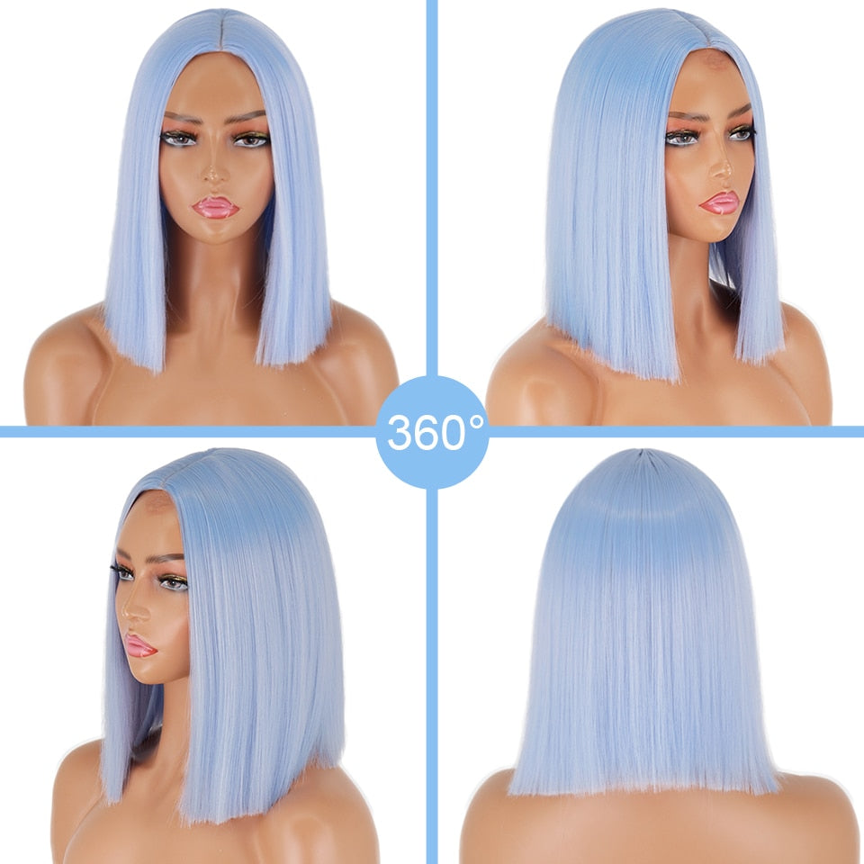 Ddbos Synthetic Light Blue Wig Straight Hair Bob Cut Wig Middle Part Shoulder Length Fashion Bob Wigs for Women Cosplay Wig