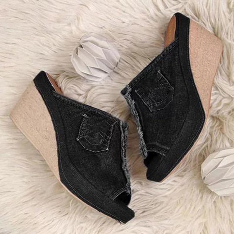 Ddbos Slipper Shoes Women Summer High Heels Sandals Peep Toe Denim Wedges Fashion Slipper Shoes Woman Sapato Feminino Zapatos Mujer