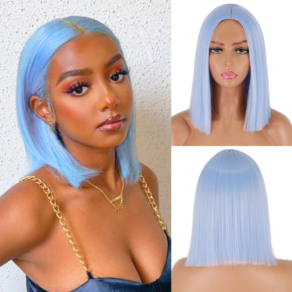 Ddbos Synthetic Light Blue Wig Straight Hair Bob Cut Wig Middle Part Shoulder Length Fashion Bob Wigs for Women Cosplay Wig