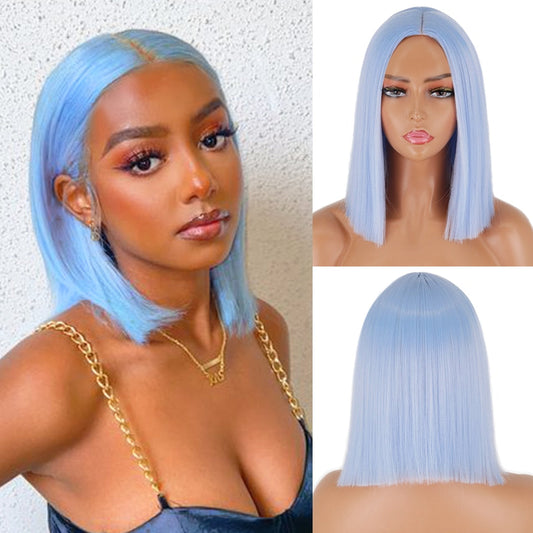 Ddbos Synthetic Light Blue Wig Straight Hair Bob Cut Wig Middle Part Shoulder Length Fashion Bob Wigs for Women Cosplay Wig