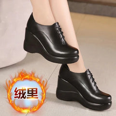 Ddbos Lace Up Wedges Shoes for Women Autumn Platform Pumps Woman High Heels Leather Office Shoes Ladies Plus Size 33-43