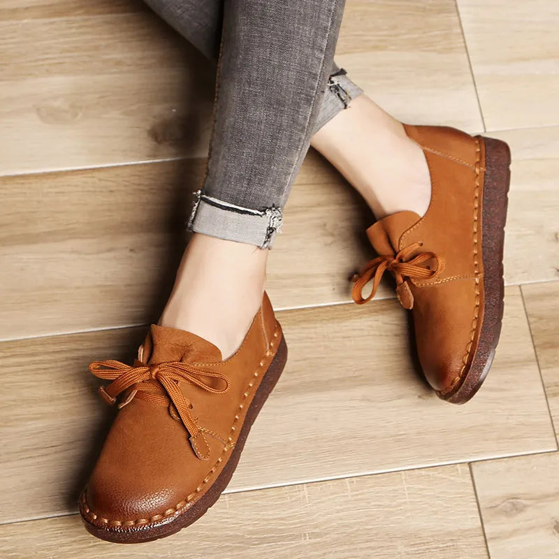 Ddbos Lace-up Loafers Casual Flat Shoe Pregnant Women Shoe Mother Driving Shoe Female Women Flats Hand-Sewing Shoes