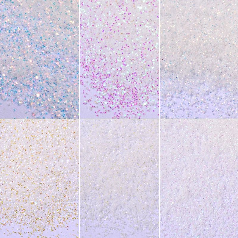 6Pcs White Holographic Aurora Nail Glitter Powder Colorful Unicorn Sequins 3d Charm Nail Art Pigment Decoration