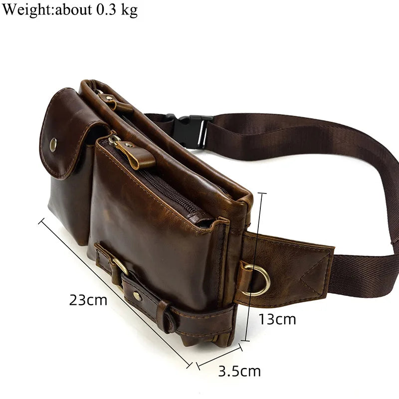 Ddbos Casual Genuine Leather Man Waist Pack Fanny Pack Belt Bag Phone Pouch Sporty Small Crossbody Bag Travel Chest Pack for Biker