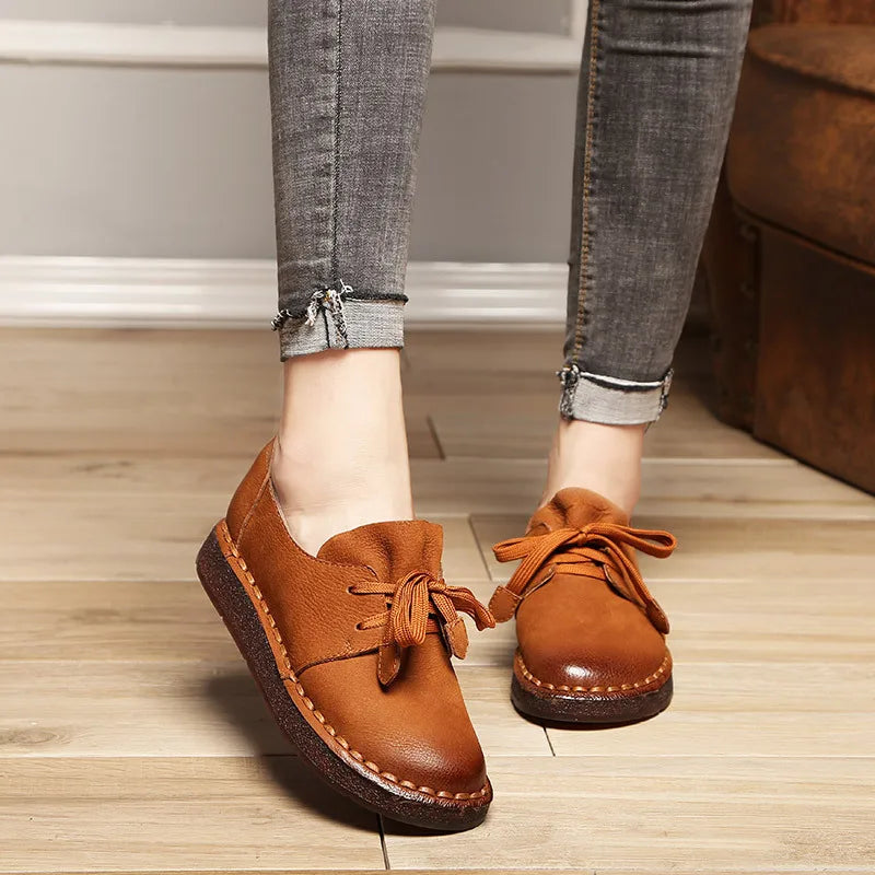 Ddbos Lace-up Loafers Casual Flat Shoe Pregnant Women Shoe Mother Driving Shoe Female Women Flats Hand-Sewing Shoes