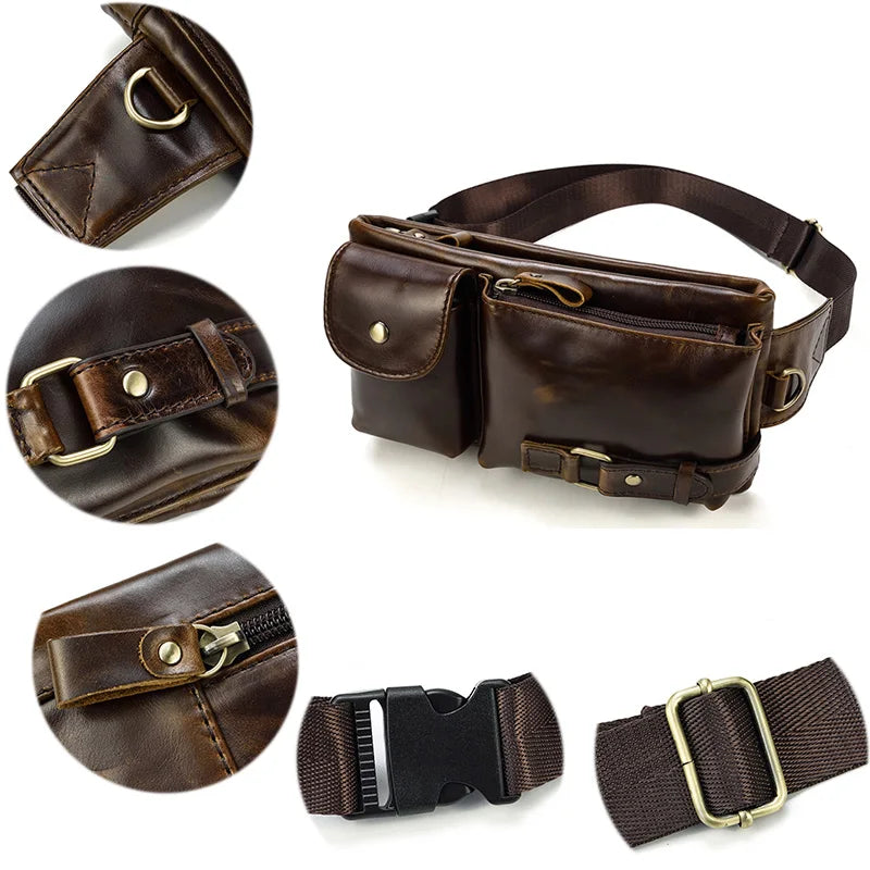 Ddbos Casual Genuine Leather Man Waist Pack Fanny Pack Belt Bag Phone Pouch Sporty Small Crossbody Bag Travel Chest Pack for Biker