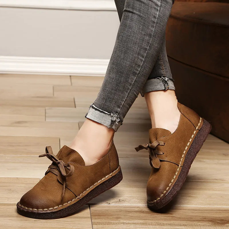 Ddbos Lace-up Loafers Casual Flat Shoe Pregnant Women Shoe Mother Driving Shoe Female Women Flats Hand-Sewing Shoes