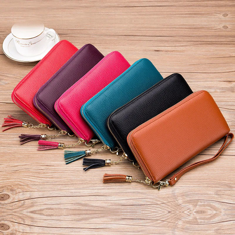 Ddbos Genuine Leather Women Solid Long Wallets Ladies Tassel Design Clutch Female Phone Money Bag Coin Zipper Purse Rfid Card Holder