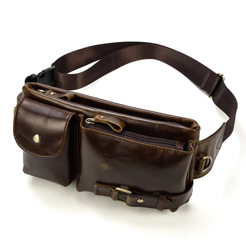 Ddbos Casual Genuine Leather Man Waist Pack Fanny Pack Belt Bag Phone Pouch Sporty Small Crossbody Bag Travel Chest Pack for Biker