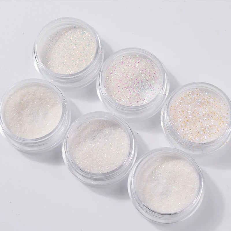 6Pcs White Holographic Aurora Nail Glitter Powder Colorful Unicorn Sequins 3d Charm Nail Art Pigment Decoration