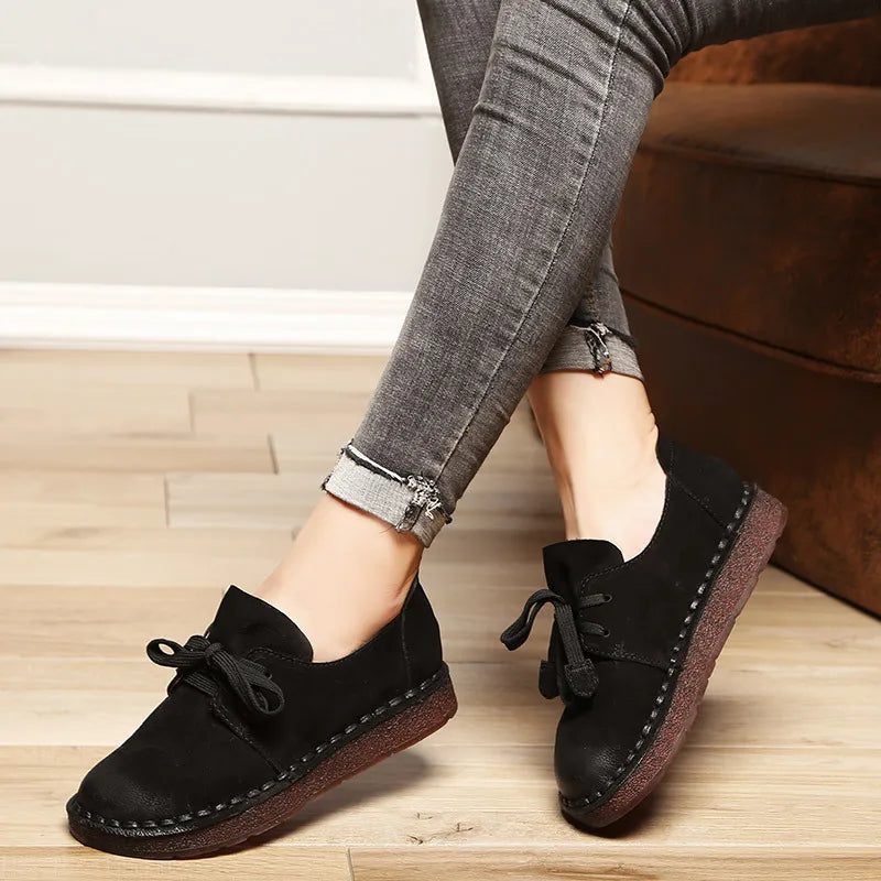 Ddbos Lace-up Loafers Casual Flat Shoe Pregnant Women Shoe Mother Driving Shoe Female Women Flats Hand-Sewing Shoes