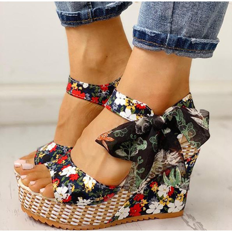 Ddbos Summer Beach Boho Floral Wedge Sandals Women Ankle Strap Platform Gladiator Shoes Woman High Heels Sandalias Mujer