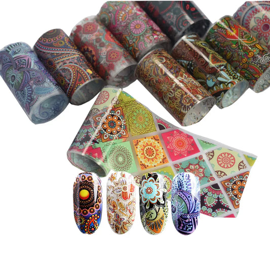 Ddbos 10Pcs 4*100cm Paisley Colorful Nail Foils Bohemia Nail Art Transfer Sticker Decal Mandala Slider Decals DIY Nail Tips Decoration