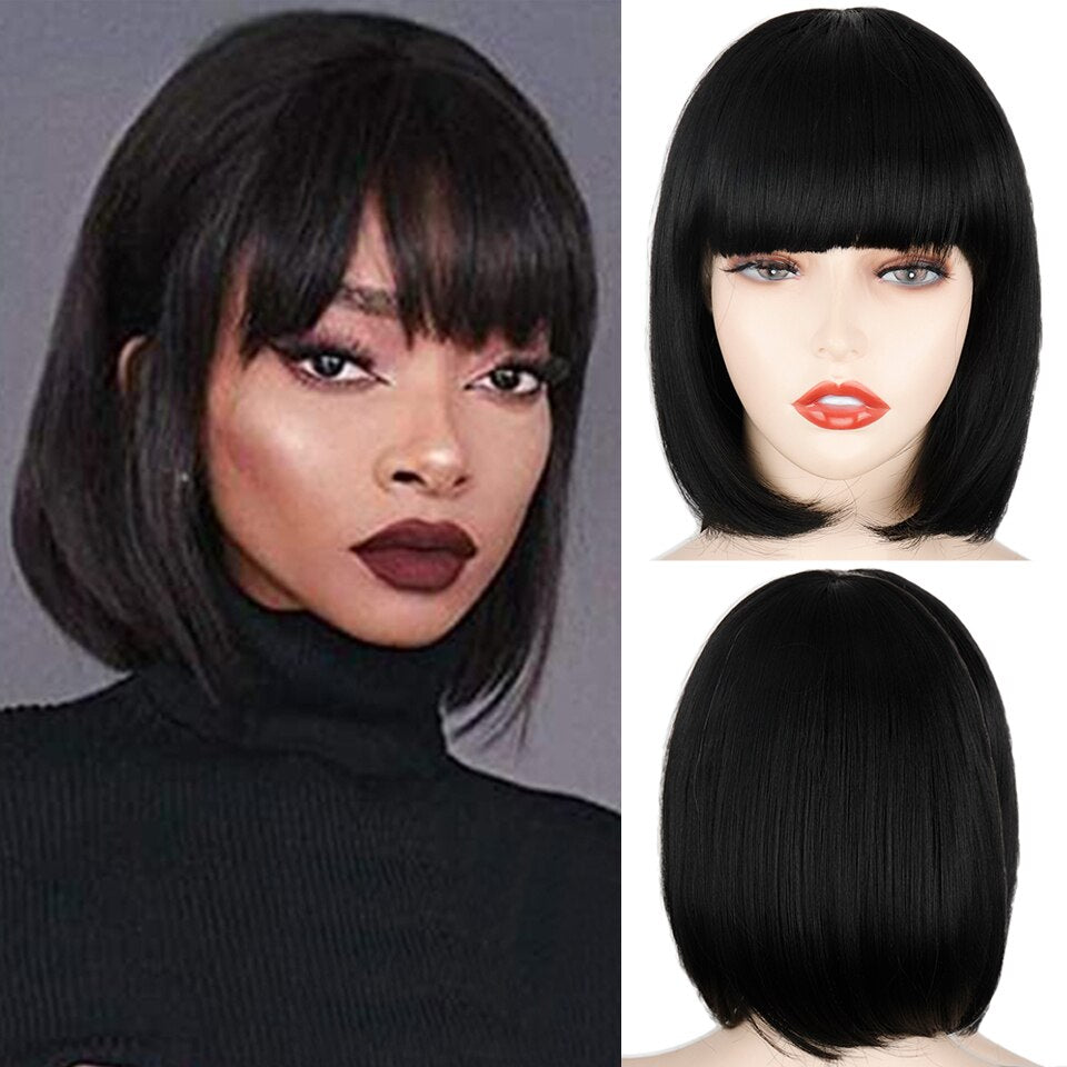 Ddbos Synthetic Wig Short Straight With Bangs Pink Black Purple Blond White Wig Female Short Bob Halloween Christmas Party Cosplay Wig