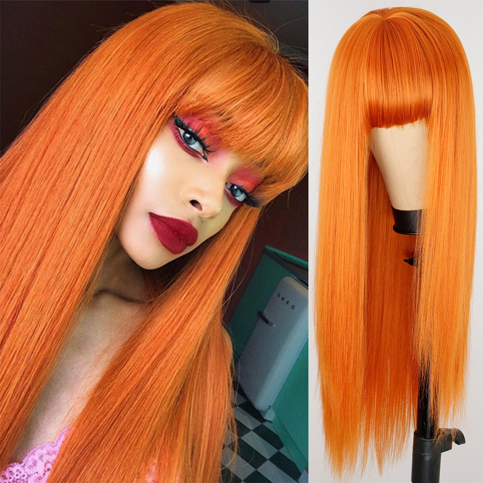 Ddbos Long Orange Wig with Bangs Straight Orange Wigs for Women Cosplay Long Synthetic Orange Wig Natural Looking for Daily Wear