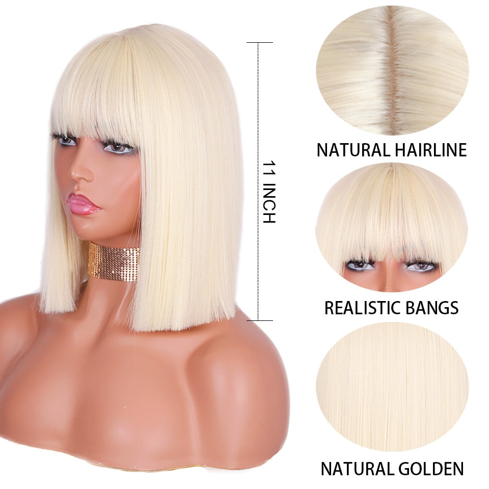 Ddbos Synthetic Blonde Wig with Bangs Short Wigs for Women Golden Wig Straight Bob Wig Natural Heat Resistant Wigs 11 Inches for Party