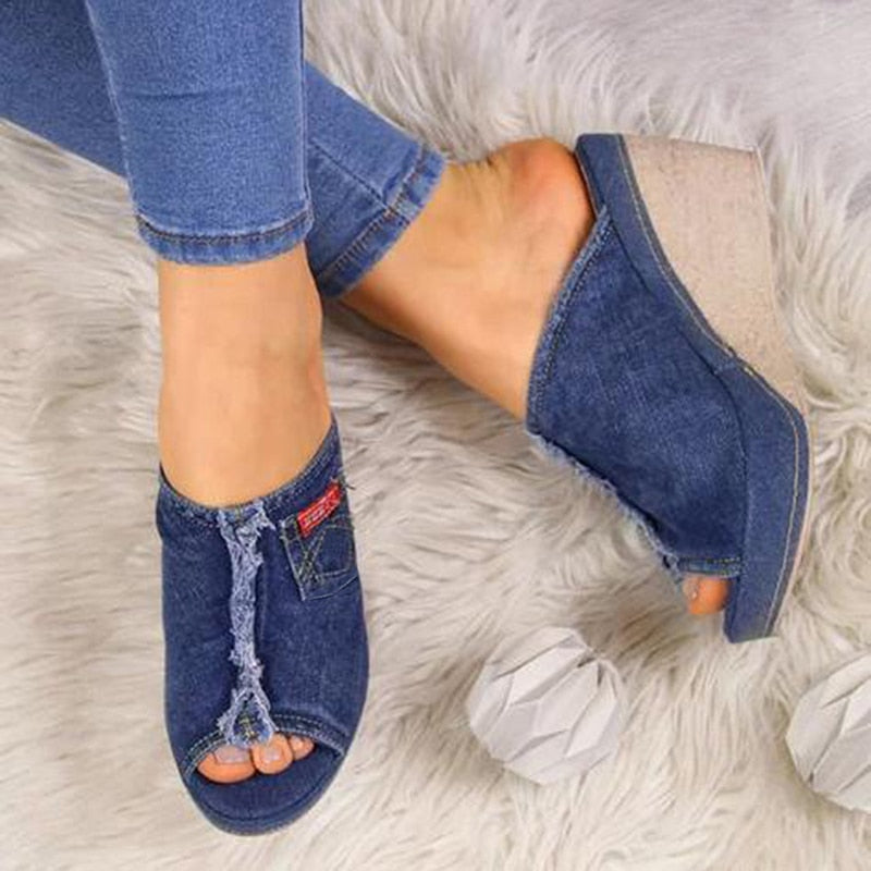 Ddbos Slipper Shoes Women Summer High Heels Sandals Peep Toe Denim Wedges Fashion Slipper Shoes Woman Sapato Feminino Zapatos Mujer