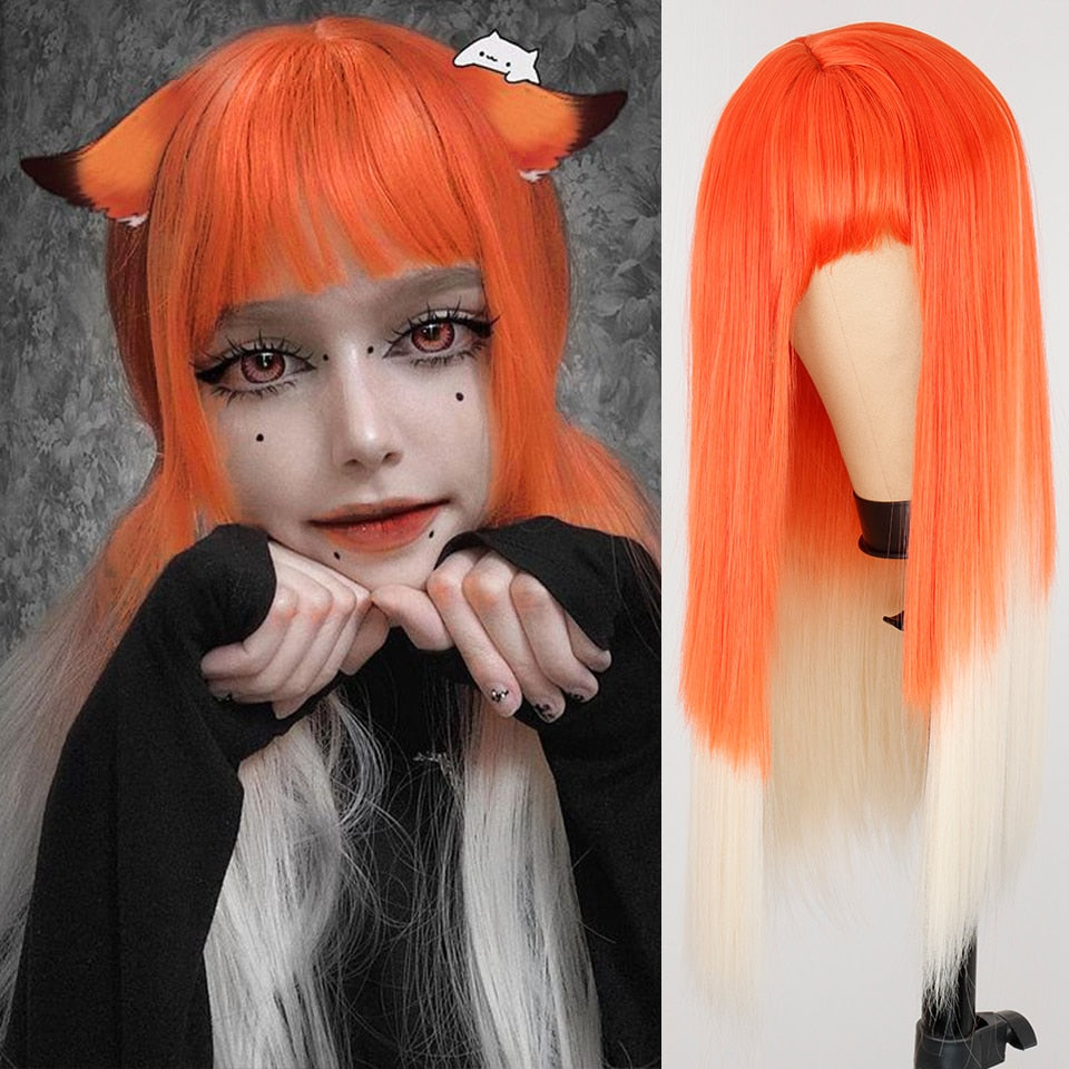 Ddbos Long Orange Wig with Bangs Straight Orange Wigs for Women Cosplay Long Synthetic Orange Wig Natural Looking for Daily Wear