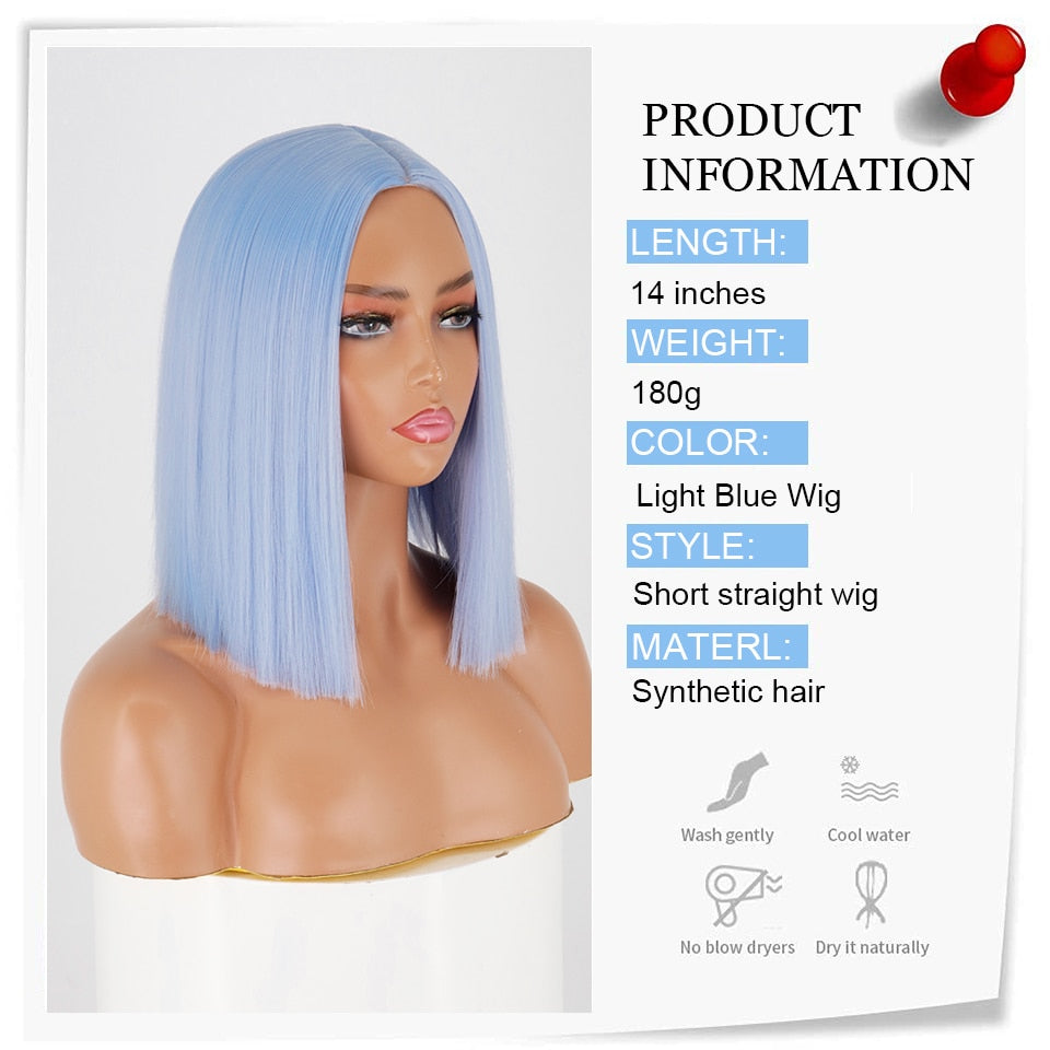 Ddbos Synthetic Light Blue Wig Straight Hair Bob Cut Wig Middle Part Shoulder Length Fashion Bob Wigs for Women Cosplay Wig