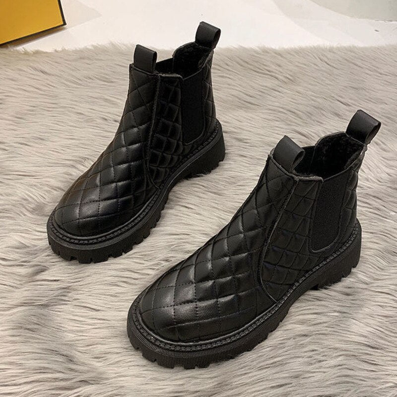 Ddbos Winter Chelsea Boots Women Shoes Fashion Chunky Heels Plush Warm Grid Ankle Platform Boots Pu Leather Female Booties