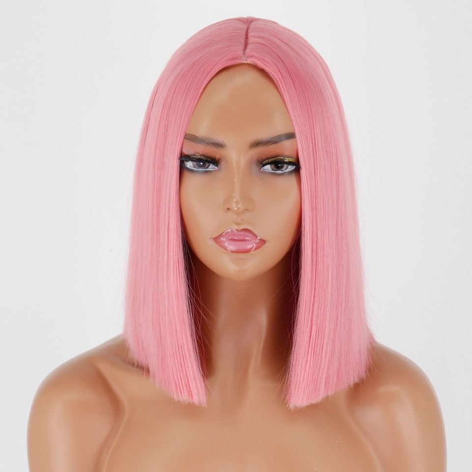 Ddbos Synthetic Light Blue Wig Straight Hair Bob Cut Wig Middle Part Shoulder Length Fashion Bob Wigs for Women Cosplay Wig