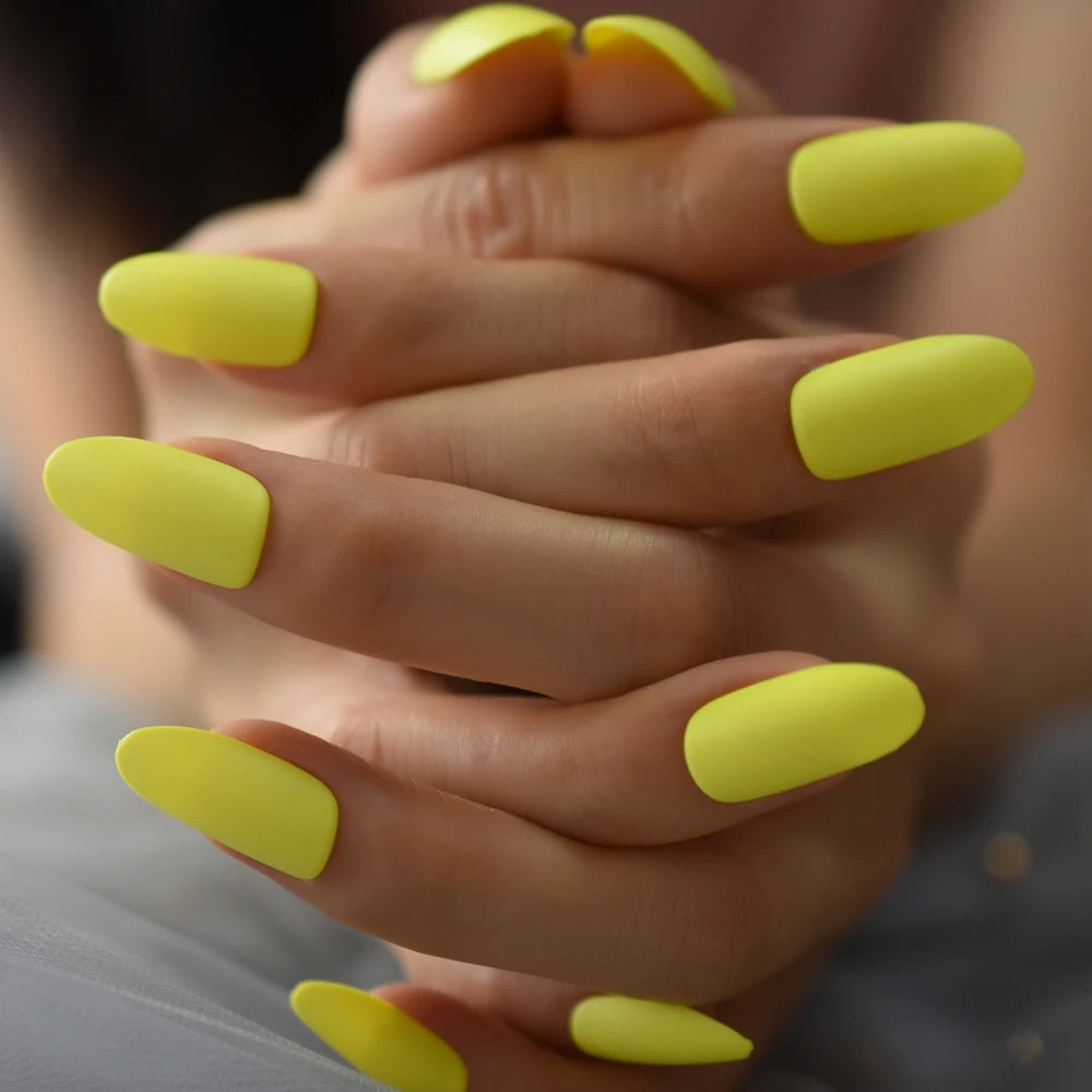 Ddbos Neon Yellow Medium False Nail Oval Attractive Matte Press On Nail Artificial Practice DIY Nail Decoration