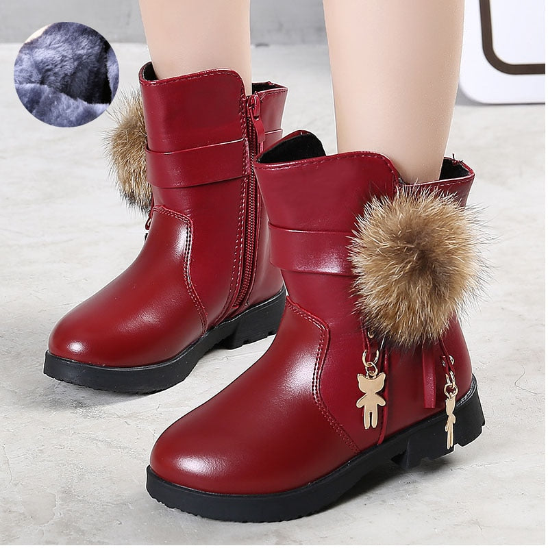 Ddbos New Winter Girls Boots Real Fur Ball PU Leather Kids Snow Boots Warm Plush Sneakers Children Shoes