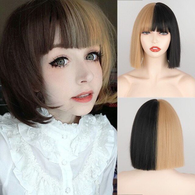 Ddbos Synthetic Wig Short Straight With Bangs Pink Black Purple Blond White Wig Female Short Bob Halloween Christmas Party Cosplay Wig