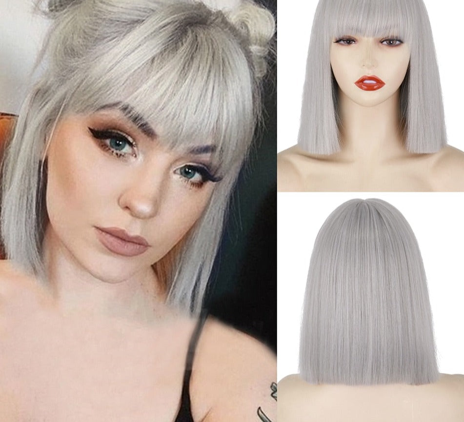 Ddbos Synthetic Blonde Wig with Bangs Short Wigs for Women Golden Wig Straight Bob Wig Natural Heat Resistant Wigs 11 Inches for Party