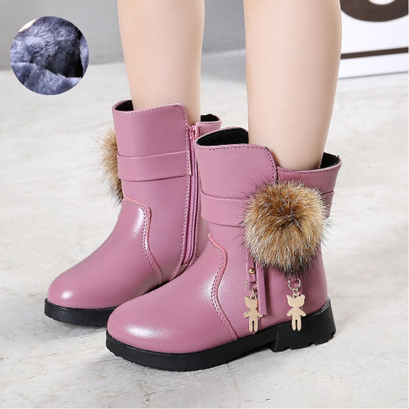 Ddbos New Winter Girls Boots Real Fur Ball PU Leather Kids Snow Boots Warm Plush Sneakers Children Shoes