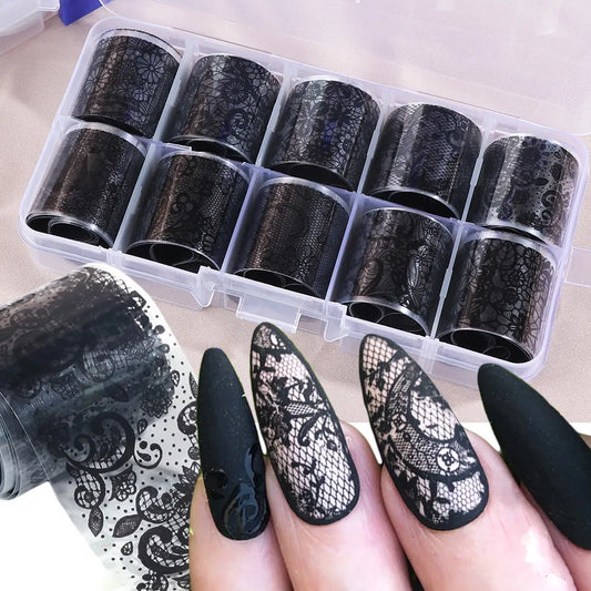 Ddbos 10 Rolls/Box White Black Lace Nail Art Foils Set Nail Transfer Sticker Paper DIY Manicure Nail Decoration Accessories