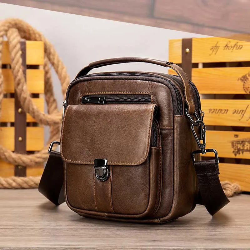 Genuine Leather Men's Shoulder Bag Vintage Cowhide Double Zipper Pockets Multifunctional Messenger Bag Male Mini Handbag